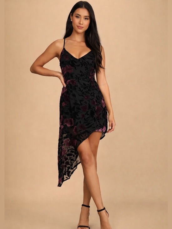 Lulus Dresses & Skirts - Lulu's Asymmetrical Velvet Floral Dress, Black and Plum
